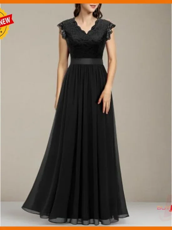 V-Neck Sleeveless Lace Formal Gown, Zipper Back, Chiffon Skirt - Picture 6 of 6